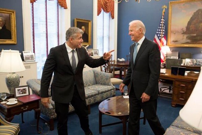 Yesh Atid lead Yair Lapid (L) and former vice president Joe Biden in an undated photo (Courtesy)
